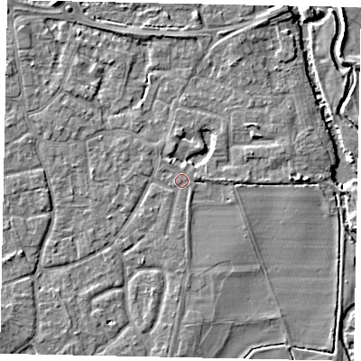 Shaded relief map of the ground around KT147RP, computed from Environment Agency LiDAR. The ground here sits at about 16 m above sea level and falls 6 m across the surrounding 800 m. The ground contributing surface water to this point lies to the east-south-east.