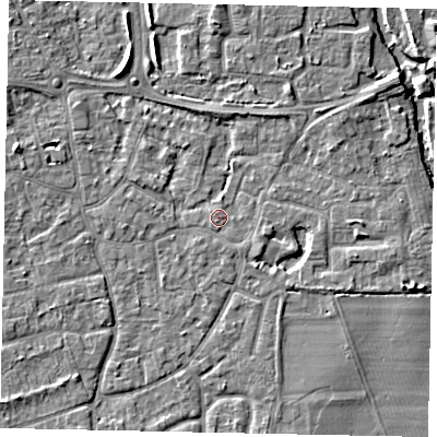 Shaded relief map of the ground around KT147RQ, computed from Environment Agency LiDAR. The ground here sits at about 16 m above sea level and falls 6 m across the surrounding 800 m. Surface water reaching this point runs off ground lying to the south-south-east, 0.9 m higher.