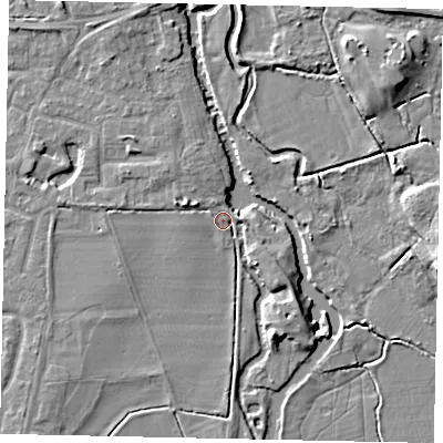Shaded relief map of the ground around KT147RR, computed from Environment Agency LiDAR. The ground here sits at about 16 m above sea level and falls 7 m across the surrounding 800 m. Surface water reaching this point runs off ground lying to the west-north-west, 2.1 m higher.