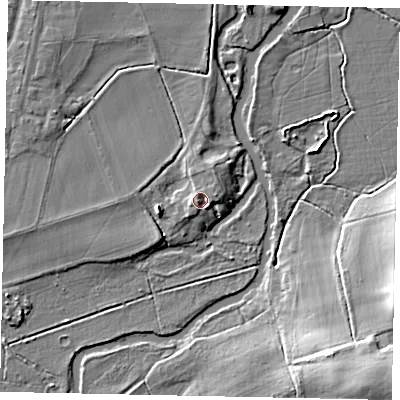 Shaded relief map of the ground around KT147RS, computed from Environment Agency LiDAR. The ground here sits at about 17 m above sea level and falls 15 m across the surrounding 800 m. Surface water reaching this point runs off ground lying to the east-south-east, 1.8 m higher.