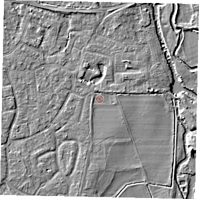 Shaded relief map of the ground around KT147RT, computed from Environment Agency LiDAR. The ground here sits at about 16 m above sea level and falls 7 m across the surrounding 800 m. Surface water reaching this point runs off ground lying to the south, 1.5 m higher.