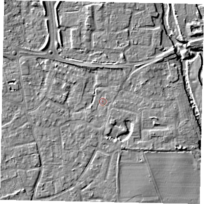 Shaded relief map of the ground around KT147RW, computed from Environment Agency LiDAR. The ground here sits at about 16 m above sea level and falls 6 m across the surrounding 800 m. Surface water reaching this point runs off ground lying to the east-south-east, 2.5 m higher.