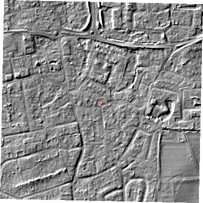 Shaded relief map of the ground around KT147RX, computed from Environment Agency LiDAR. The ground here sits at about 16 m above sea level and falls 5 m across the surrounding 800 m. Surface water reaching this point runs off ground lying to the west, 1.0 m higher.