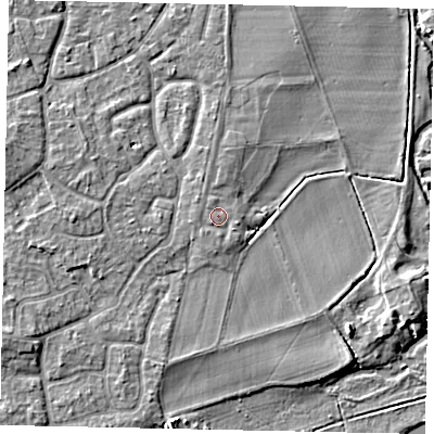 Shaded relief map of the ground around KT147RY, computed from Environment Agency LiDAR. The ground here sits at about 17 m above sea level and falls 4 m across the surrounding 800 m. Surface water reaching this point runs off ground lying to the south-east, 0.8 m higher.