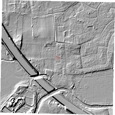Shaded relief map of the ground around KT147SF, computed from Environment Agency LiDAR. The ground here sits at about 17 m above sea level and falls 9 m across the surrounding 800 m. Surface water reaching this point runs off ground lying to the north-north-east, 1.6 m higher.