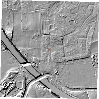 Shaded relief map of the ground around KT147SP, computed from Environment Agency LiDAR. The ground here sits at about 16 m above sea level and falls 9 m across the surrounding 800 m. Surface water reaching this point runs off ground lying to the north-north-east, 2.3 m higher.