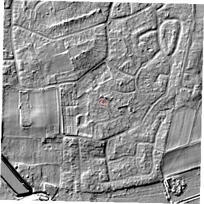 Shaded relief map of the ground around KT147SS, computed from Environment Agency LiDAR. The ground here sits at about 17 m above sea level and falls 7 m across the surrounding 800 m. Surface water reaching this point runs off ground lying to the north-north-east, 0.9 m higher.