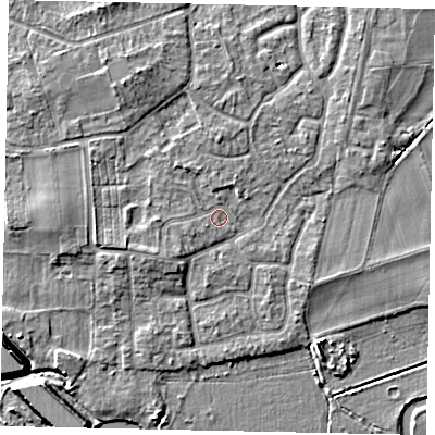 Shaded relief map of the ground around KT147ST, computed from Environment Agency LiDAR. The ground here sits at about 17 m above sea level and falls 7 m across the surrounding 800 m. Surface water reaching this point runs off ground lying to the west-south-west, 2.1 m higher.