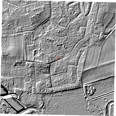 Shaded relief map of the ground around KT147SU, computed from Environment Agency LiDAR. The ground here sits at about 17 m above sea level and falls 7 m across the surrounding 800 m. Surface water reaching this point runs off ground lying to the west-south-west, 1.9 m higher.
