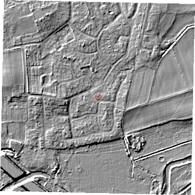 Shaded relief map of the ground around KT147SX, computed from Environment Agency LiDAR. The ground here sits at about 17 m above sea level and falls 5 m across the surrounding 800 m. Surface water reaching this point runs off ground lying to the south-west, 0.6 m higher.