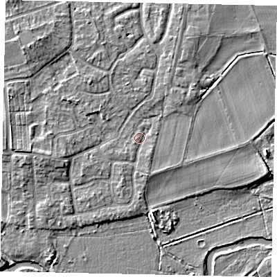 Shaded relief map of the ground around KT147SY, computed from Environment Agency LiDAR. The ground here sits at about 16 m above sea level and falls 5 m across the surrounding 800 m. Surface water reaching this point runs off ground lying to the west-south-west, 2.6 m higher.