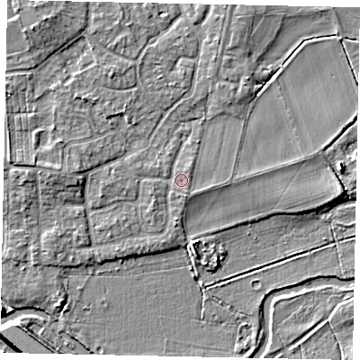 Shaded relief map of the ground around KT147SZ, computed from Environment Agency LiDAR. The ground here sits at about 17 m above sea level and falls 6 m across the surrounding 800 m. Surface water reaching this point runs off ground lying to the west, 2.2 m higher.