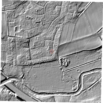 Shaded relief map of the ground around KT147TA, computed from Environment Agency LiDAR. The ground here sits at about 16 m above sea level and falls 9 m across the surrounding 800 m. Surface water reaching this point runs off ground lying to the west-north-west, 2.2 m higher.