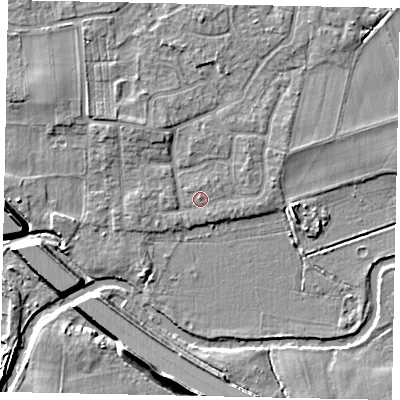 Shaded relief map of the ground around KT147TB, computed from Environment Agency LiDAR. The ground here sits at about 17 m above sea level and falls 9 m across the surrounding 800 m. Surface water reaching this point runs off ground lying to the south-south-east, 0.8 m higher.
