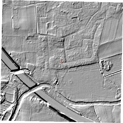 Shaded relief map of the ground around KT147TD, computed from Environment Agency LiDAR. The ground here sits at about 16 m above sea level and falls 9 m across the surrounding 800 m. Surface water reaching this point runs off ground lying to the north-north-east, 0.9 m higher.