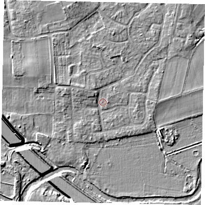 Shaded relief map of the ground around KT147TE, computed from Environment Agency LiDAR. The ground here sits at about 17 m above sea level and falls 8 m across the surrounding 800 m. Surface water reaching this point runs off ground lying to the west-north-west, 2.2 m higher.