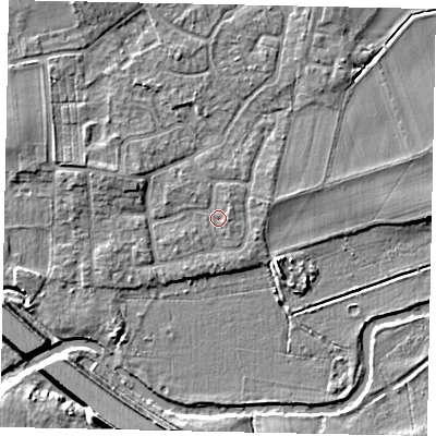 Shaded relief map of the ground around KT147TF, computed from Environment Agency LiDAR. The ground here sits at about 16 m above sea level and falls 9 m across the surrounding 800 m. Surface water reaching this point runs off ground lying to the west-north-west, 2.2 m higher.