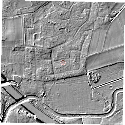 Shaded relief map of the ground around KT147TG, computed from Environment Agency LiDAR. The ground here sits at about 16 m above sea level and falls 9 m across the surrounding 800 m. Surface water reaching this point runs off ground lying to the north-west, 2.2 m higher.