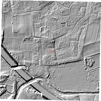 Shaded relief map of the ground around KT147TQ, computed from Environment Agency LiDAR. The ground here sits at about 17 m above sea level and falls 9 m across the surrounding 800 m. Surface water reaching this point runs off ground lying to the north, 2.1 m higher.