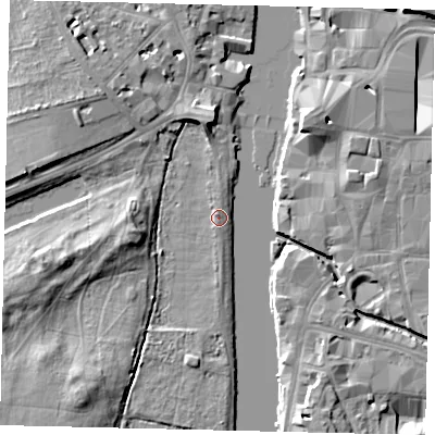Shaded relief map of the ground around KT14AA, computed from Environment Agency LiDAR. The ground here sits at about 6 m above sea level and falls 9 m across the surrounding 800 m. Surface water reaching this point runs off ground lying to the south-west, 6.0 m higher.