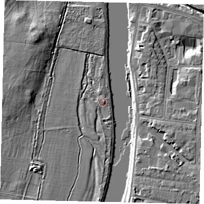 Shaded relief map of the ground around KT14AB, computed from Environment Agency LiDAR. The ground here sits at about 7 m above sea level and falls 7 m across the surrounding 800 m. Surface water reaching this point runs off ground lying to the east, 1.9 m higher.