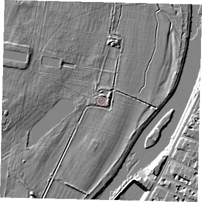 Shaded relief map of the ground around KT14AD, computed from Environment Agency LiDAR. The ground here sits at about 7 m above sea level and falls 9 m across the surrounding 800 m. Surface water reaching this point runs off ground lying to the west, 3.8 m higher.