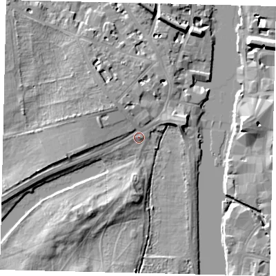 Shaded relief map of the ground around KT14AE, computed from Environment Agency LiDAR. The ground here sits at about 8 m above sea level and falls 9 m across the surrounding 800 m. Surface water reaching this point runs off ground lying to the west-south-west, 4.7 m higher.