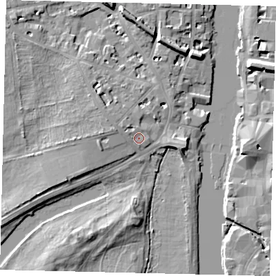 Shaded relief map of the ground around KT14AG, computed from Environment Agency LiDAR. The ground here sits at about 8 m above sea level and falls 9 m across the surrounding 800 m. Surface water reaching this point runs off ground lying to the west-north-west, 2.2 m higher.