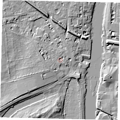 Shaded relief map of the ground around KT14AN, computed from Environment Agency LiDAR. The ground here sits at about 8 m above sea level and falls 9 m across the surrounding 800 m. Surface water reaching this point runs off ground lying to the south-west, 2.8 m higher.
