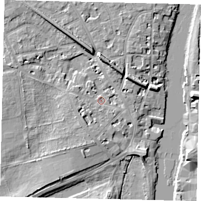 Shaded relief map of the ground around KT14AS, computed from Environment Agency LiDAR. The ground here sits at about 8 m above sea level and falls 9 m across the surrounding 800 m. Surface water reaching this point runs off ground lying to the west-south-west, 2.6 m higher.
