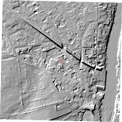 Shaded relief map of the ground around KT14AT, computed from Environment Agency LiDAR. The ground here sits at about 7 m above sea level and falls 9 m across the surrounding 800 m. Surface water reaching this point runs off ground lying to the south-west, 2.4 m higher.