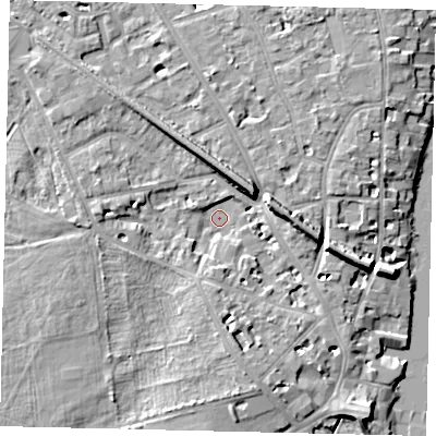 Shaded relief map of the ground around KT14AU, computed from Environment Agency LiDAR. The ground here sits at about 7 m above sea level and falls 9 m across the surrounding 800 m. Surface water reaching this point runs off ground lying to the east-north-east, 7.4 m higher.