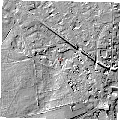 Shaded relief map of the ground around KT14AX, computed from Environment Agency LiDAR. The ground here sits at about 7 m above sea level and falls 9 m across the surrounding 800 m. Surface water reaching this point runs off ground lying to the south-south-east, 3.9 m higher.