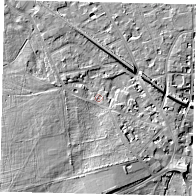 Shaded relief map of the ground around KT14AY, computed from Environment Agency LiDAR. The ground here sits at about 7 m above sea level and falls 8 m across the surrounding 800 m. Surface water reaching this point runs off ground lying to the south, 5.0 m higher.