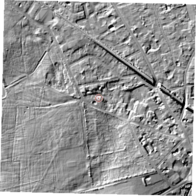 Shaded relief map of the ground around KT14BA, computed from Environment Agency LiDAR. The ground here sits at about 8 m above sea level and falls 8 m across the surrounding 800 m. Surface water reaching this point runs off ground lying to the west, 3.4 m higher.
