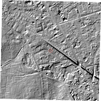 Shaded relief map of the ground around KT14BE, computed from Environment Agency LiDAR. The ground here sits at about 9 m above sea level and falls 8 m across the surrounding 800 m. Surface water reaching this point runs off ground lying to the north-west, 1.7 m higher.