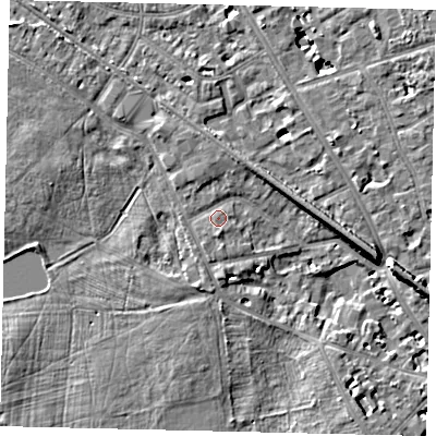Shaded relief map of the ground around KT14BG, computed from Environment Agency LiDAR. The ground here sits at about 9 m above sea level and falls 8 m across the surrounding 800 m. Surface water reaching this point runs off ground lying to the north, 1.5 m higher.