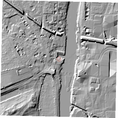 Shaded relief map of the ground around KT14BH, computed from Environment Agency LiDAR. The ground here sits at about 6 m above sea level and falls 10 m across the surrounding 800 m. Surface water reaching this point runs off ground lying to the south-west, 3.0 m higher.