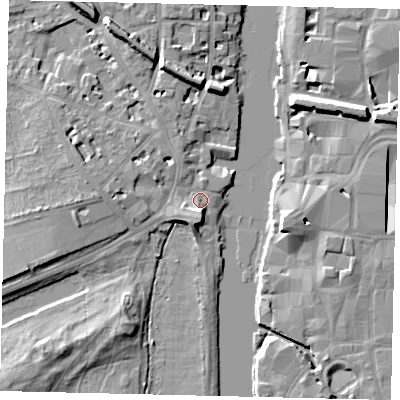 Shaded relief map of the ground around KT14BJ, computed from Environment Agency LiDAR. The ground here sits at about 7 m above sea level and falls 10 m across the surrounding 800 m. Surface water reaching this point runs off ground lying to the south, 5.2 m higher.