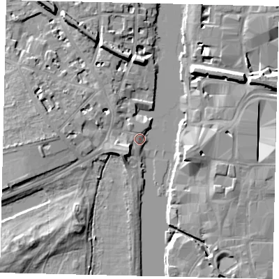 Shaded relief map of the ground around KT14BU, computed from Environment Agency LiDAR. The ground here sits at about 6 m above sea level and falls 10 m across the surrounding 800 m. Surface water reaching this point runs off ground lying to the south-west, 6.0 m higher.