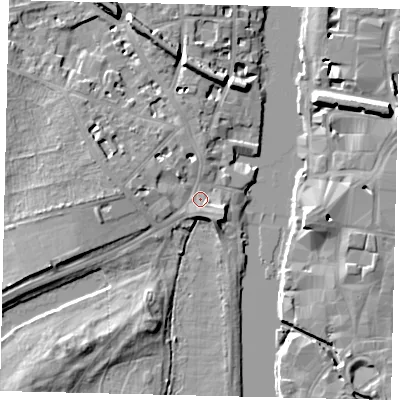 Shaded relief map of the ground around KT14BY, computed from Environment Agency LiDAR. The ground here sits at about 8 m above sea level and falls 9 m across the surrounding 800 m. Surface water reaching this point runs off ground lying to the west, 4.7 m higher.