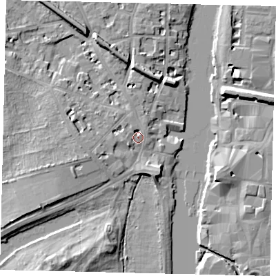 Shaded relief map of the ground around KT14DA, computed from Environment Agency LiDAR. The ground here sits at about 8 m above sea level and falls 9 m across the surrounding 800 m. Surface water reaching this point runs off ground lying to the north, 3.7 m higher.