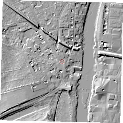 Shaded relief map of the ground around KT14DB, computed from Environment Agency LiDAR. The ground here sits at about 8 m above sea level and falls 9 m across the surrounding 800 m. Surface water reaching this point runs off ground lying to the north-north-west, 1.1 m higher.