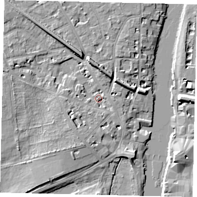 Shaded relief map of the ground around KT14DE, computed from Environment Agency LiDAR. The ground here sits at about 8 m above sea level and falls 9 m across the surrounding 800 m. Surface water reaching this point runs off ground lying to the north-north-west, 7.4 m higher.