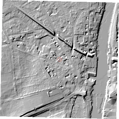 Shaded relief map of the ground around KT14DF, computed from Environment Agency LiDAR. The ground here sits at about 8 m above sea level and falls 9 m across the surrounding 800 m. Surface water reaching this point runs off ground lying to the south-west, 2.9 m higher.