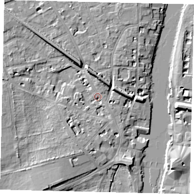 Shaded relief map of the ground around KT14DG, computed from Environment Agency LiDAR. The ground here sits at about 8 m above sea level and falls 9 m across the surrounding 800 m. Surface water reaching this point runs off ground lying to the north-north-west, 7.4 m higher.