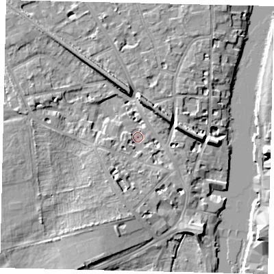 Shaded relief map of the ground around KT14DH, computed from Environment Agency LiDAR. The ground here sits at about 7 m above sea level and falls 9 m across the surrounding 800 m. Surface water reaching this point runs off ground lying to the south-south-west, 2.9 m higher.