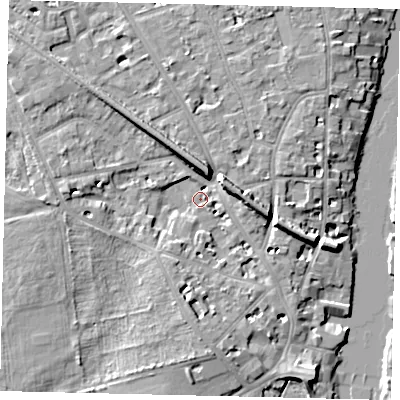 Shaded relief map of the ground around KT14DJ, computed from Environment Agency LiDAR. The ground here sits at about 7 m above sea level and falls 9 m across the surrounding 800 m. Surface water reaching this point runs off ground lying to the north-east, 7.4 m higher.