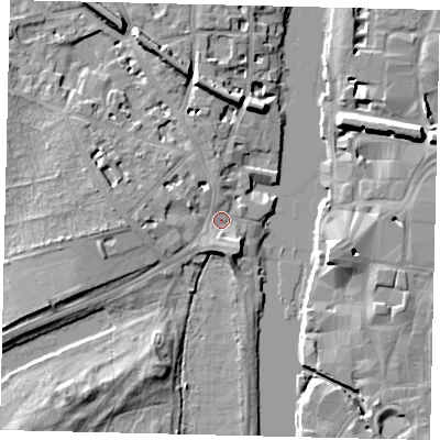 Shaded relief map of the ground around KT14DP, computed from Environment Agency LiDAR. The ground here sits at about 7 m above sea level and falls 9 m across the surrounding 800 m. Surface water reaching this point runs off ground lying to the south-south-east, 5.2 m higher.