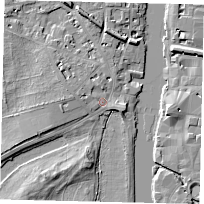 Shaded relief map of the ground around KT14DS, computed from Environment Agency LiDAR. The ground here sits at about 8 m above sea level and falls 9 m across the surrounding 800 m. Surface water reaching this point runs off ground lying to the west, 2.0 m higher.